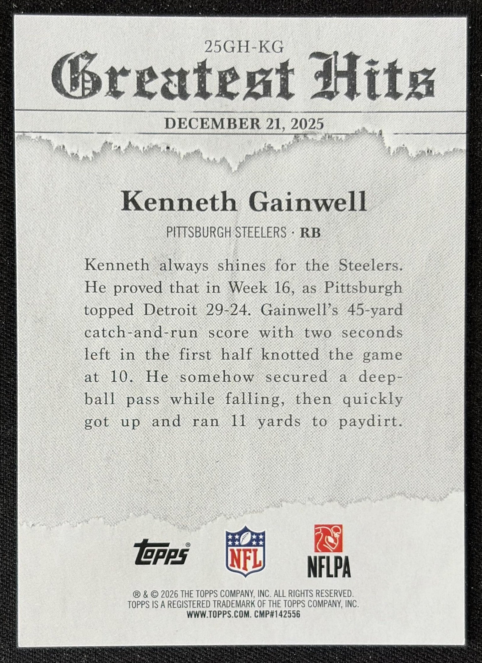 Kenneth Gainwell 2026 Topps 2025 Greatest Hits Steelers back