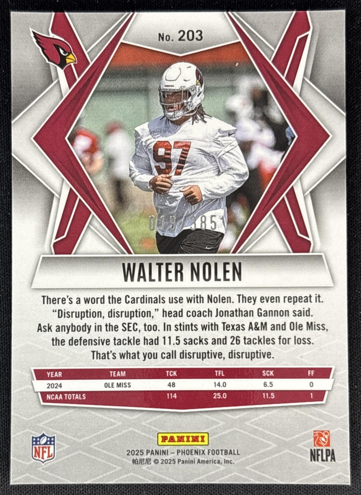 Walter Nolen 2025 Phoenix Mosaic /385 Cardinals back