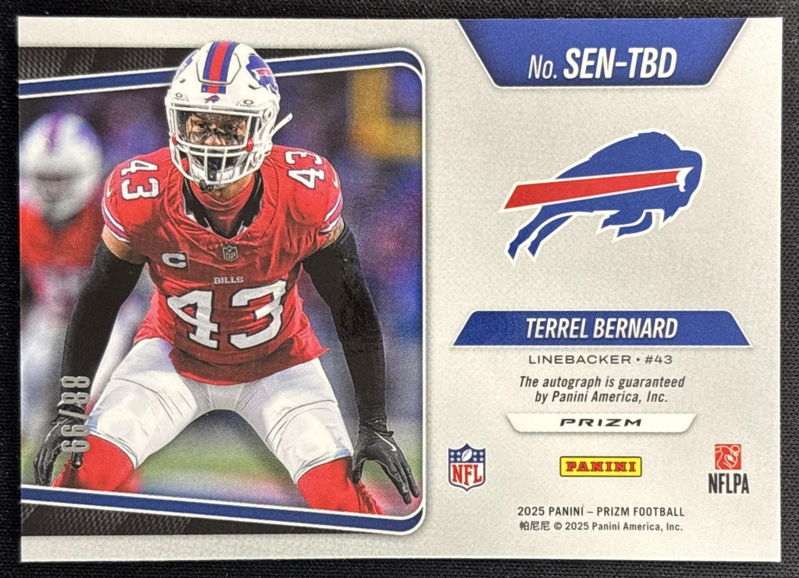 Terrel Bernard 2025 Panini Prizm Sensational Signatures Blue Ice /99 Bills back