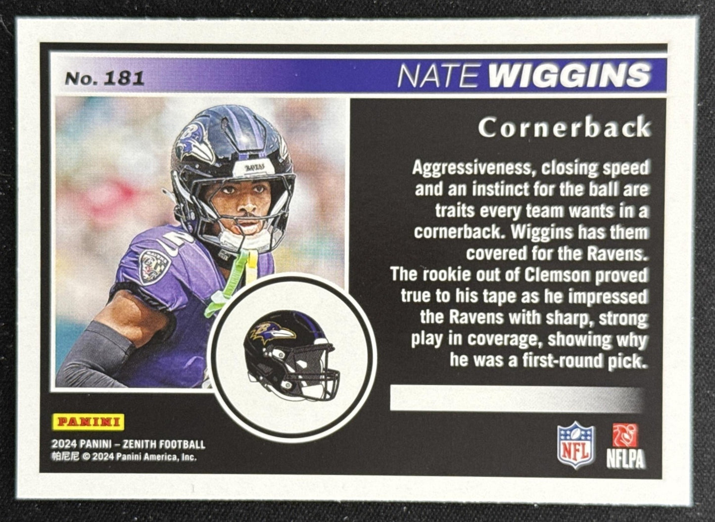 Nate Wiggins 2024 Panini Zenith Ravens Baltimore Ravens Sports Trading Card