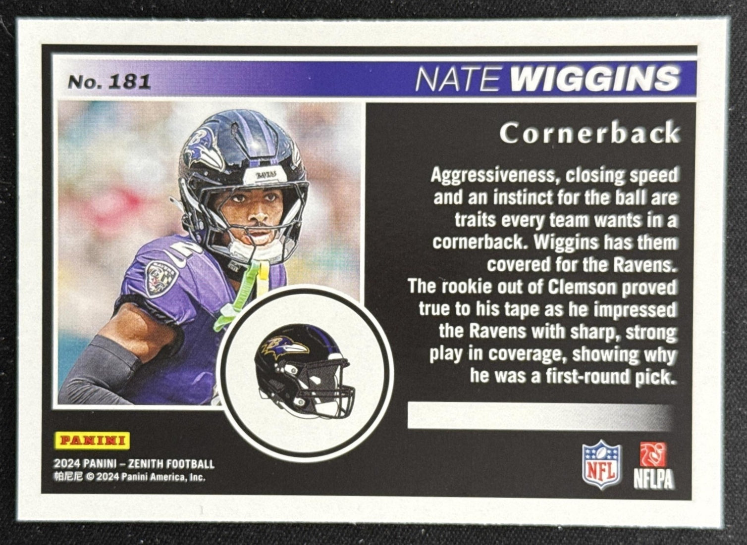 Nate Wiggins 2024 Panini Zenith Ravens Baltimore Ravens Sports Trading Card