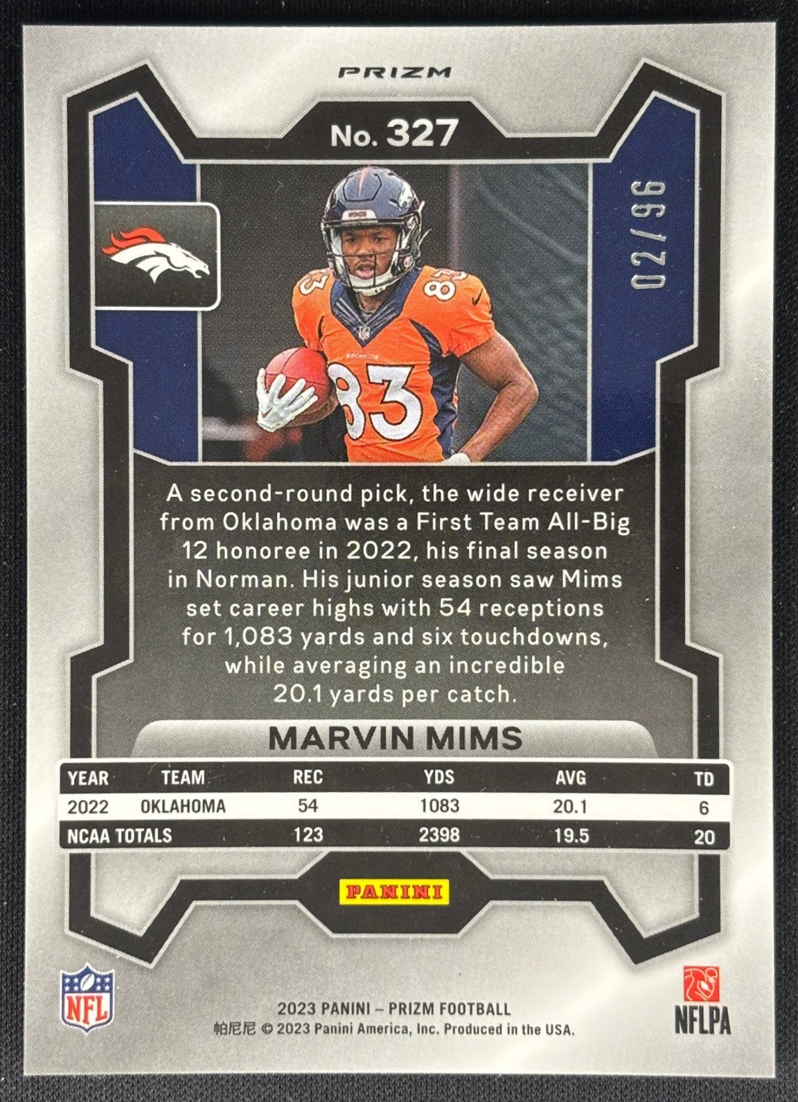 Marvin Mims 2023 Prizm Blue Sparkle /96 Broncos - back image
