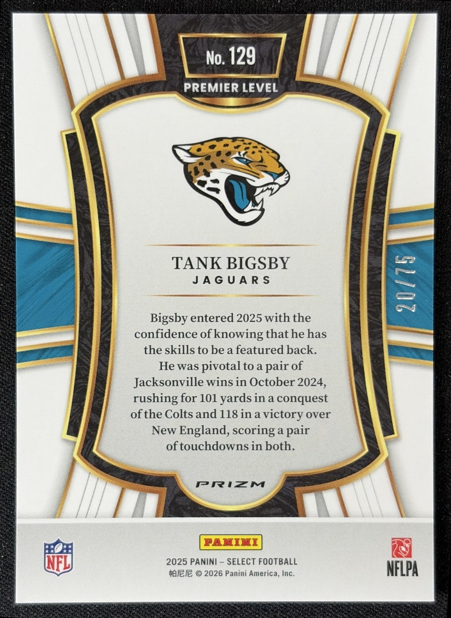 Tank Bigsby 2025 Panini Select Premier Level Purple Prizm /75 Jaguars back