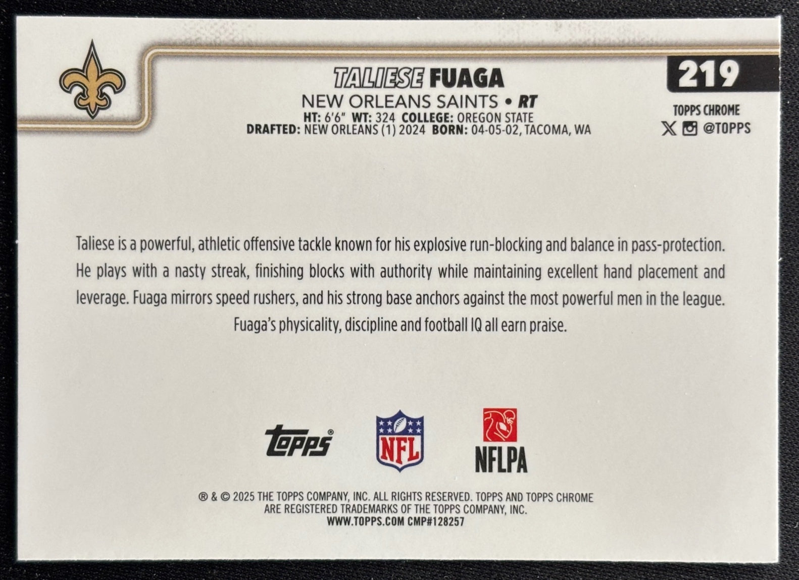 Taliese Fuaga 2025 Topps Chrome X-Fractor Saints Sports Trading Card