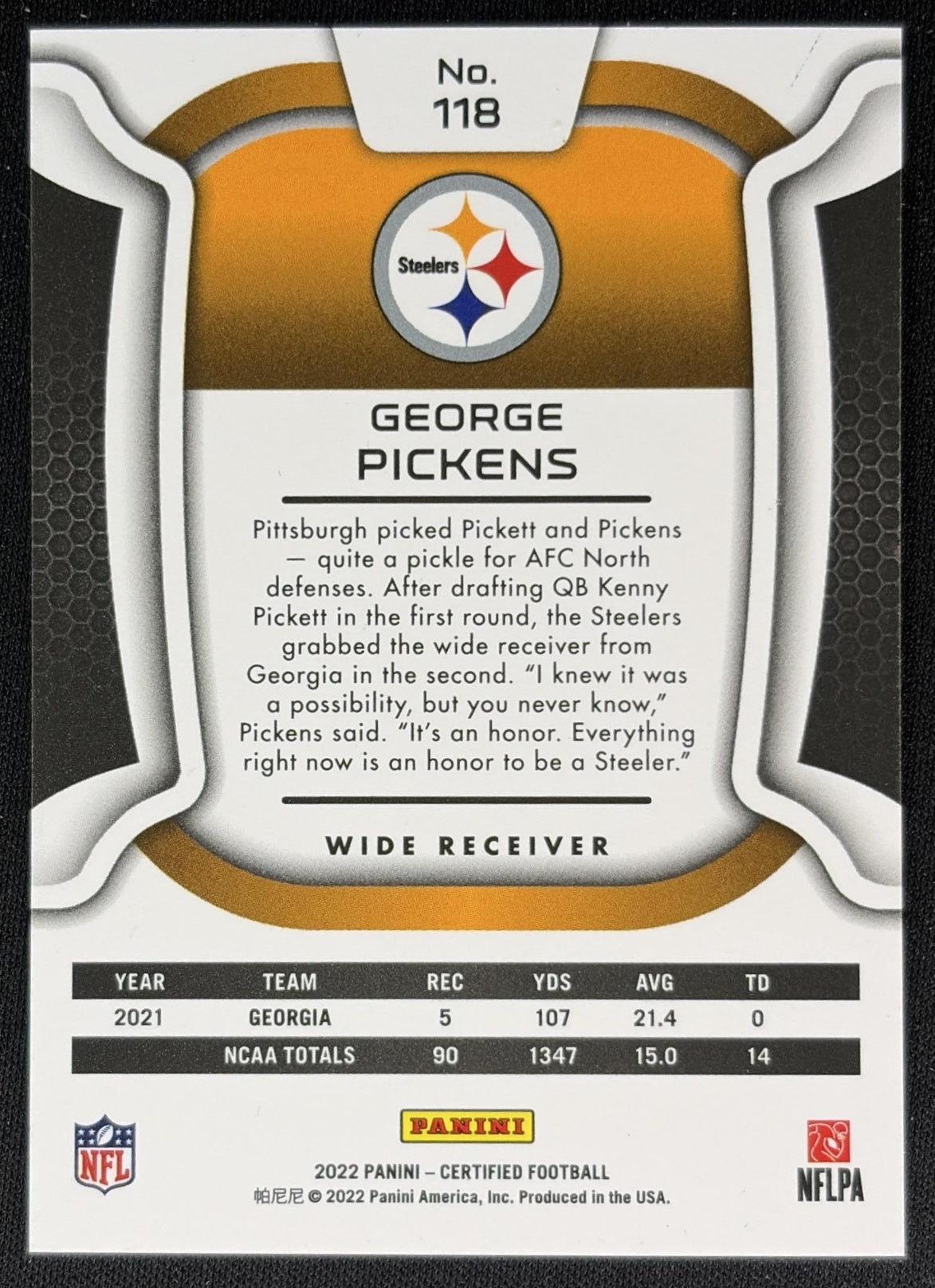 George Pickens 2022 Panini Certified Mirror Teal /50 Steelers Sports Trading Cards