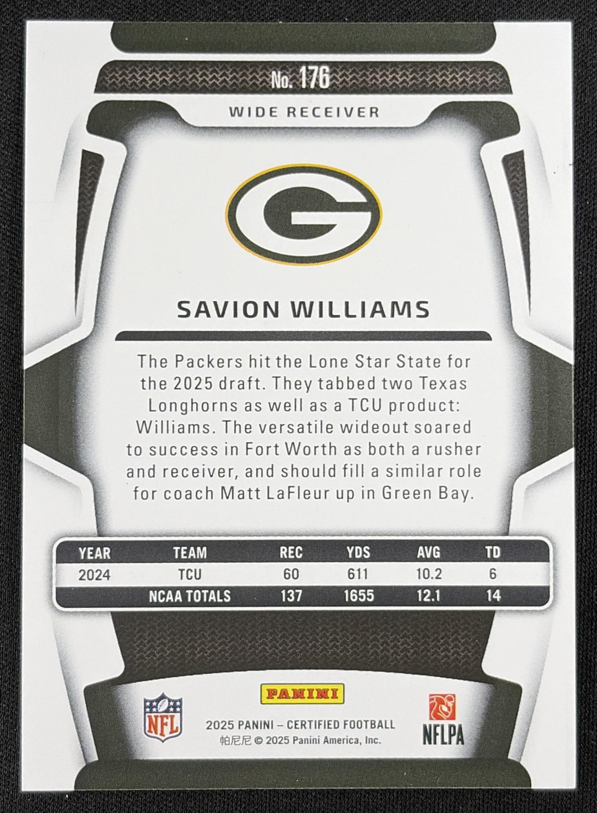 Savion Williams 2025 Panini Certified Rookies Mirror Purple /299 Packers