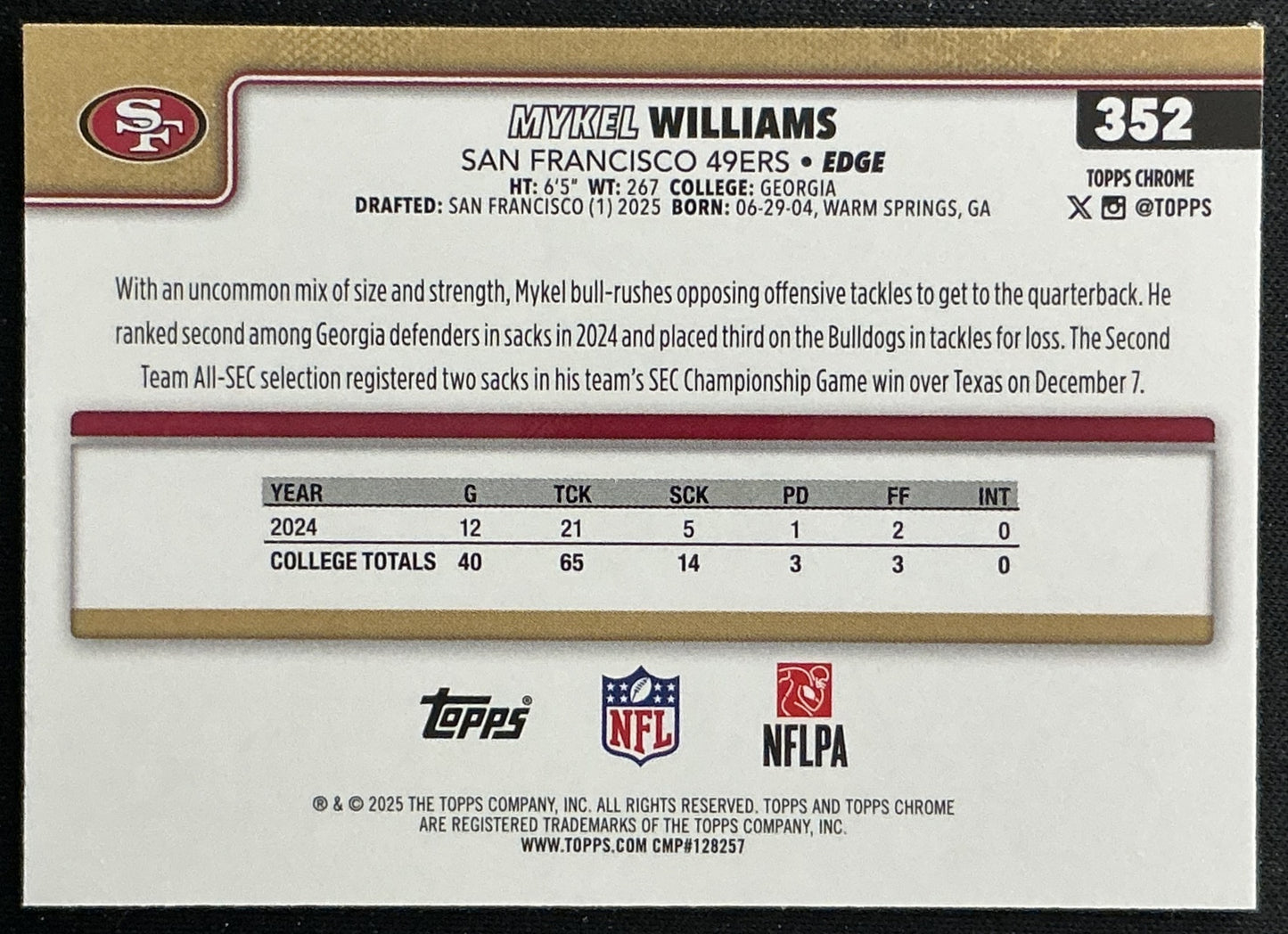 Mykel Williams 2025 Topps Chrome Rookie 49ers Sports Trading Cards