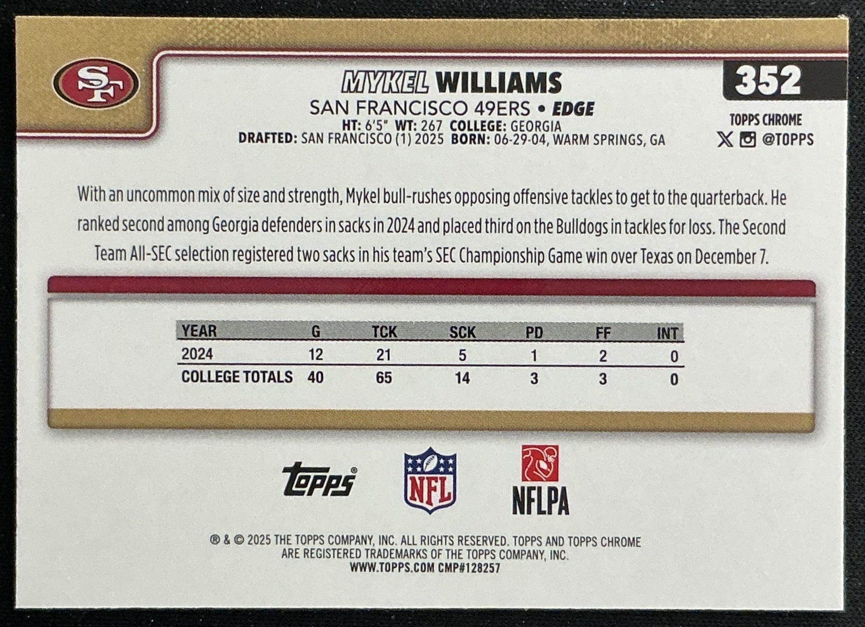 Mykel Williams 2025 Topps Chrome Rookie 49ers Sports Trading Cards