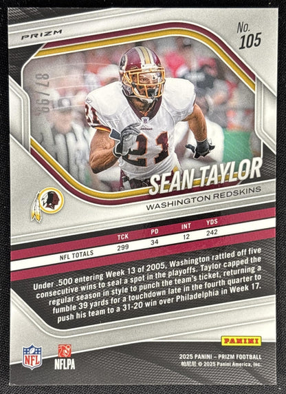 Sean Taylor 2025 Panini Prizm No Huddle Red /99 Redskins Sports Trading Card
