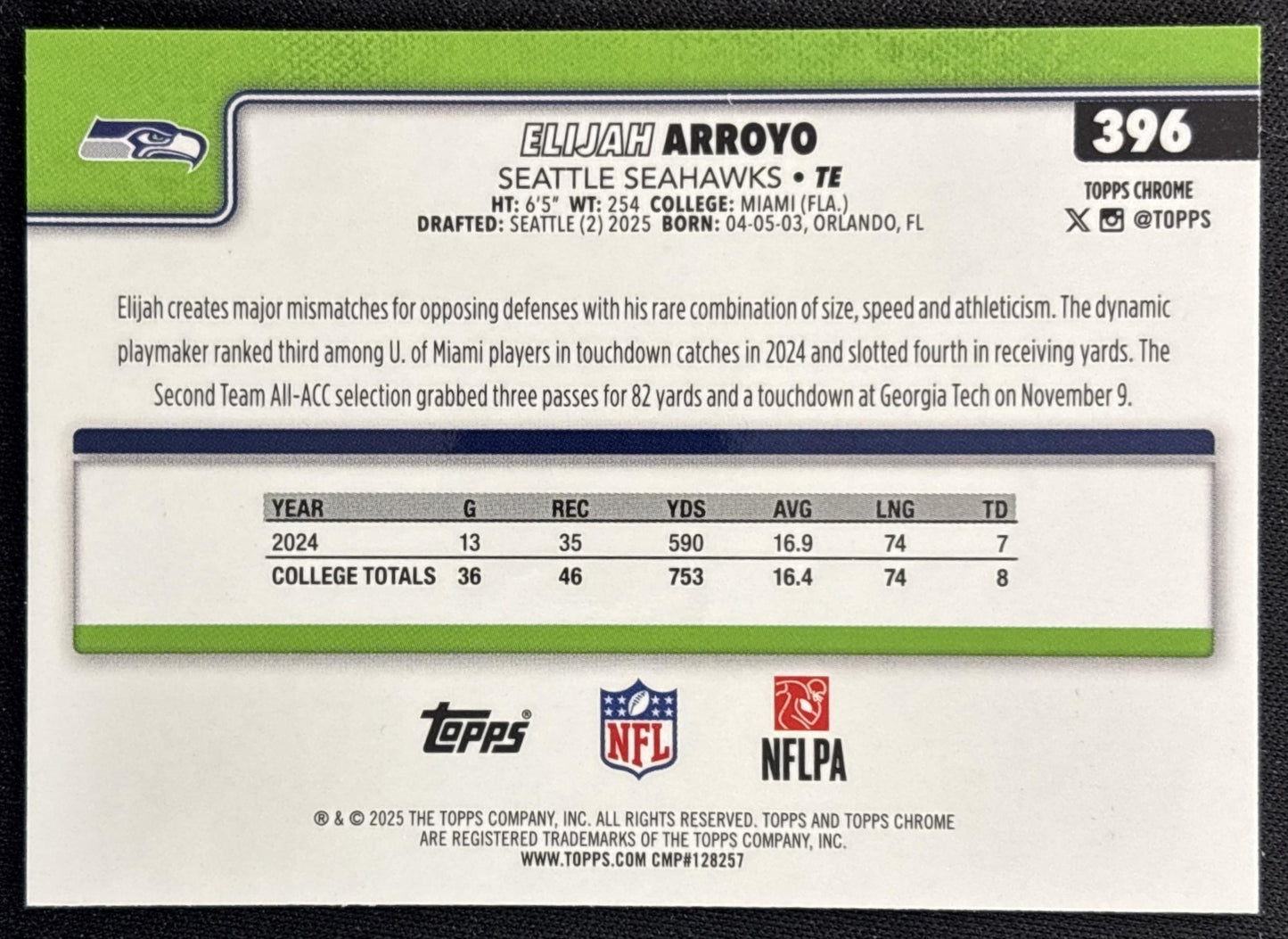 Elijah Arroyo 2025 Topps Chrome Rookie Blue Geometric Refractor /150 Seahawks Sports Trading Cards