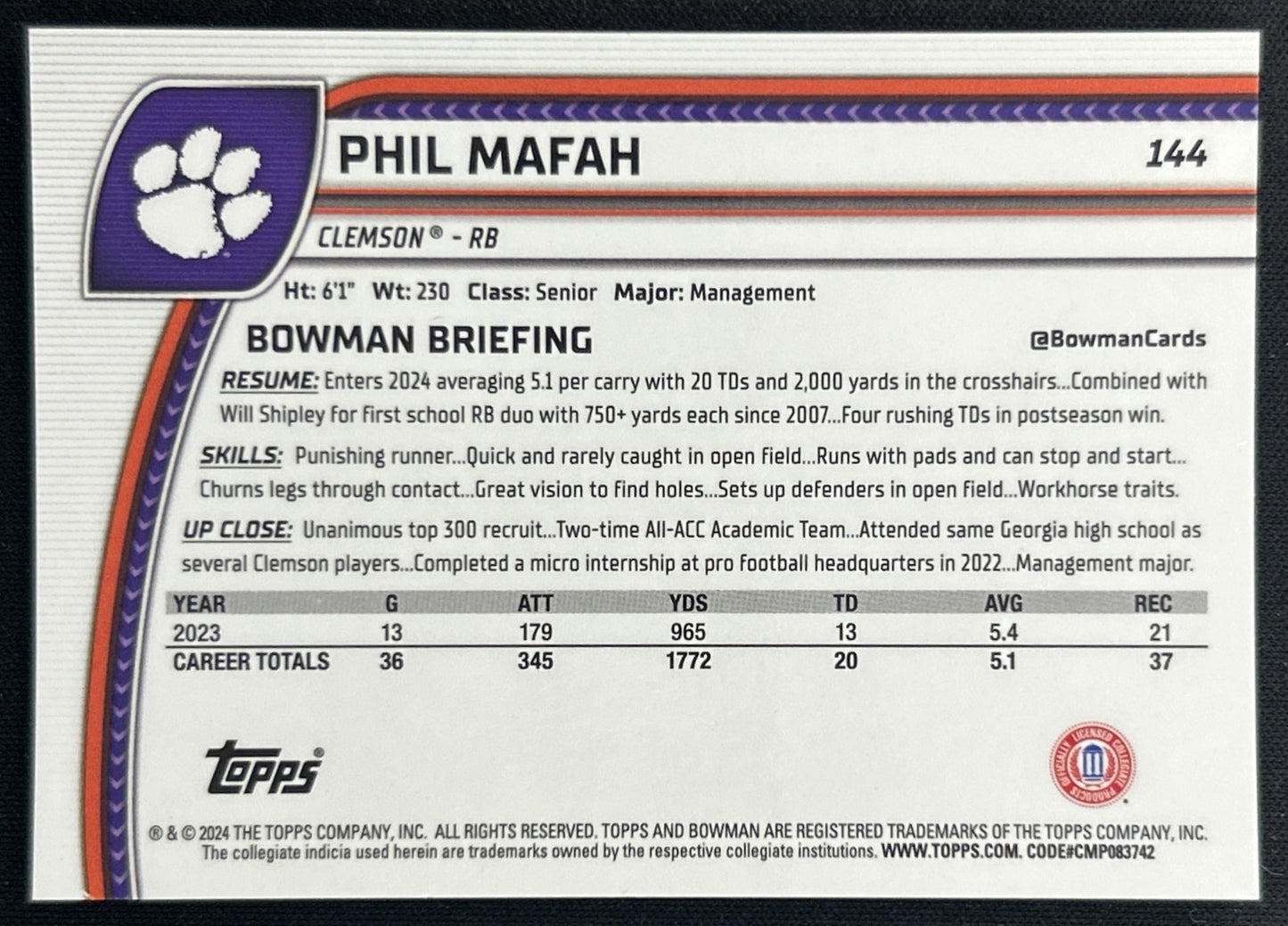 Phil Mafah 2024 Bowman Chrome University Sapphire Yellow Refractor /75 Tigers back