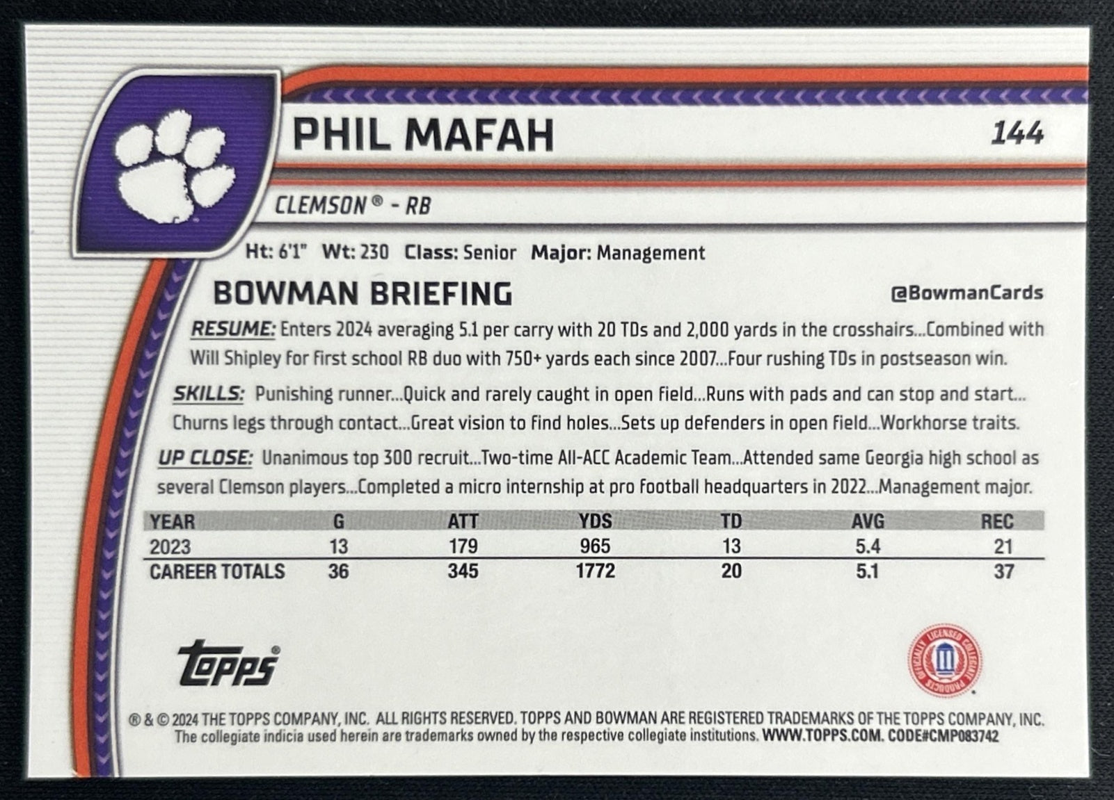 Phil Mafah 2024 Bowman Chrome University Sapphire Yellow Refractor /75 Tigers back