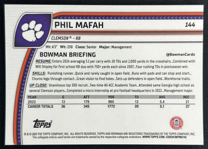 Phil Mafah 2024 Bowman Chrome University Sapphire Yellow Refractor /75 Tigers back