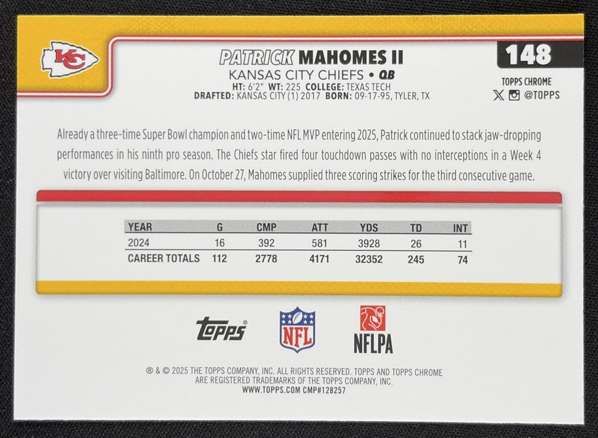 Patrick Mahomes II 2025 Topps Chrome Pink Refractor /250 Chiefs Kansas City Chiefs