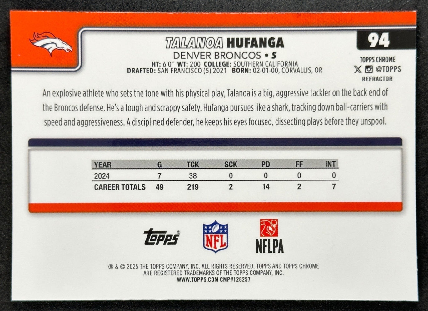 Talanoa Hufanga 2025 Topps Chrome Refractor Broncos Sports Trading Cards