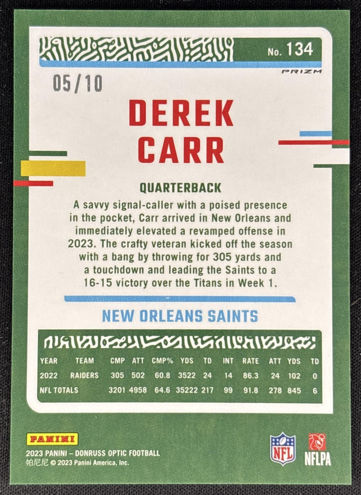 Derek Carr 2023 Panini Donruss Optic Gold Prizm /10 Saints Football