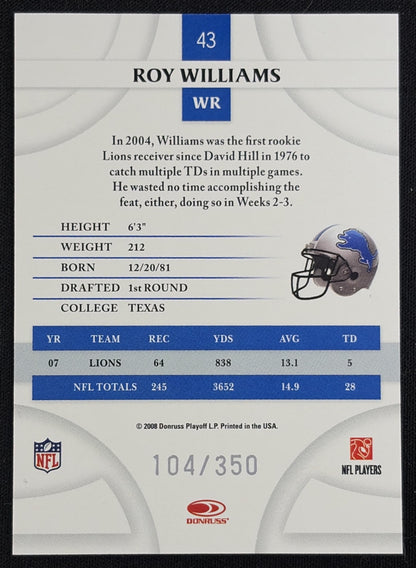 Roy Williams 2008 Donruss Threads Retail Blue /350 Lions Sports Trading Card