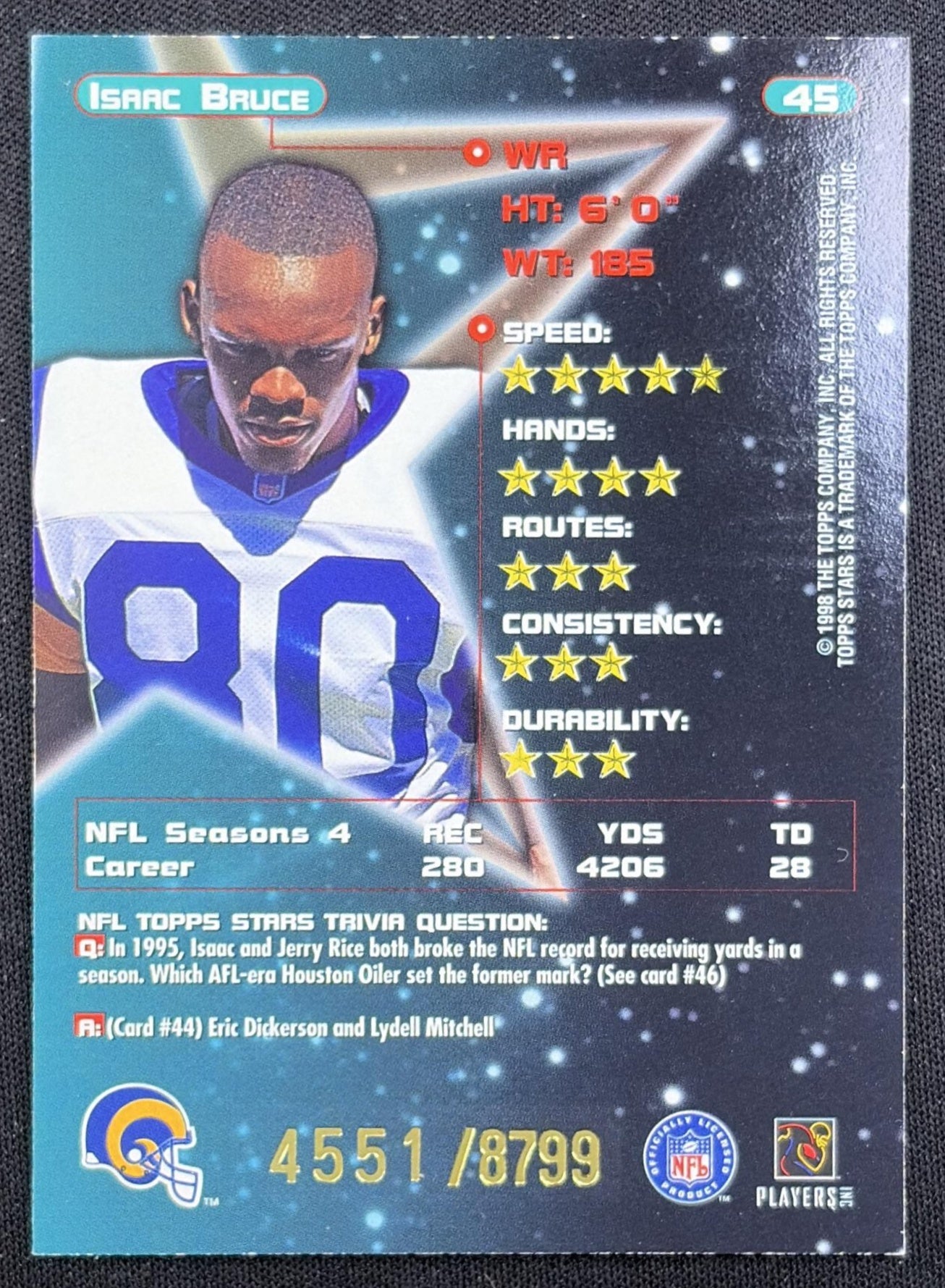Isaac Bruce 1998 Topps Stars /8799 Rams back