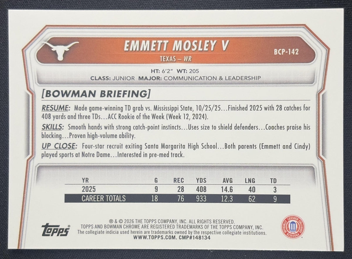 Emmett Mosley V 2026 Bowman Chrome Prospects Neon Green Refractor /399 Longhorns