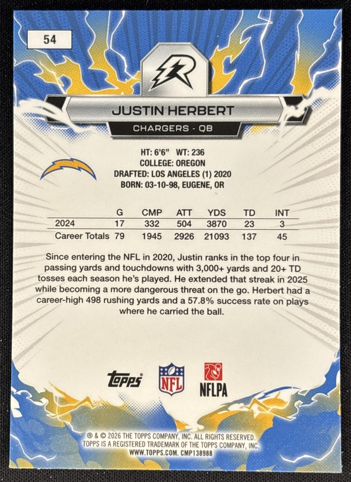Justin Herbert 2025 Topps Resurgence Chargers Los Angeles Chargers back