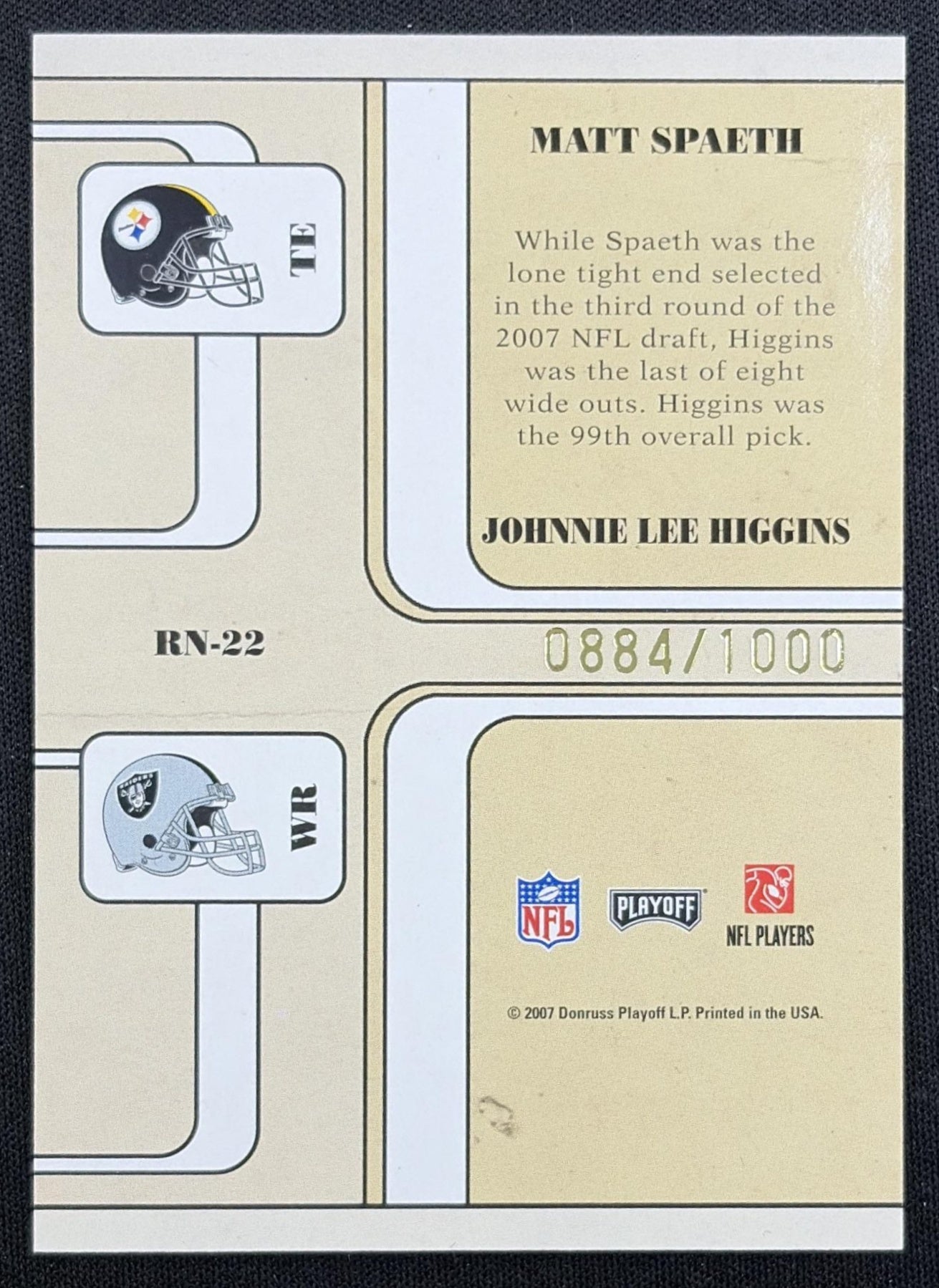 JOhnie Higgins Matt Spaeth Round Numbers /1000 Steelers Raiders back