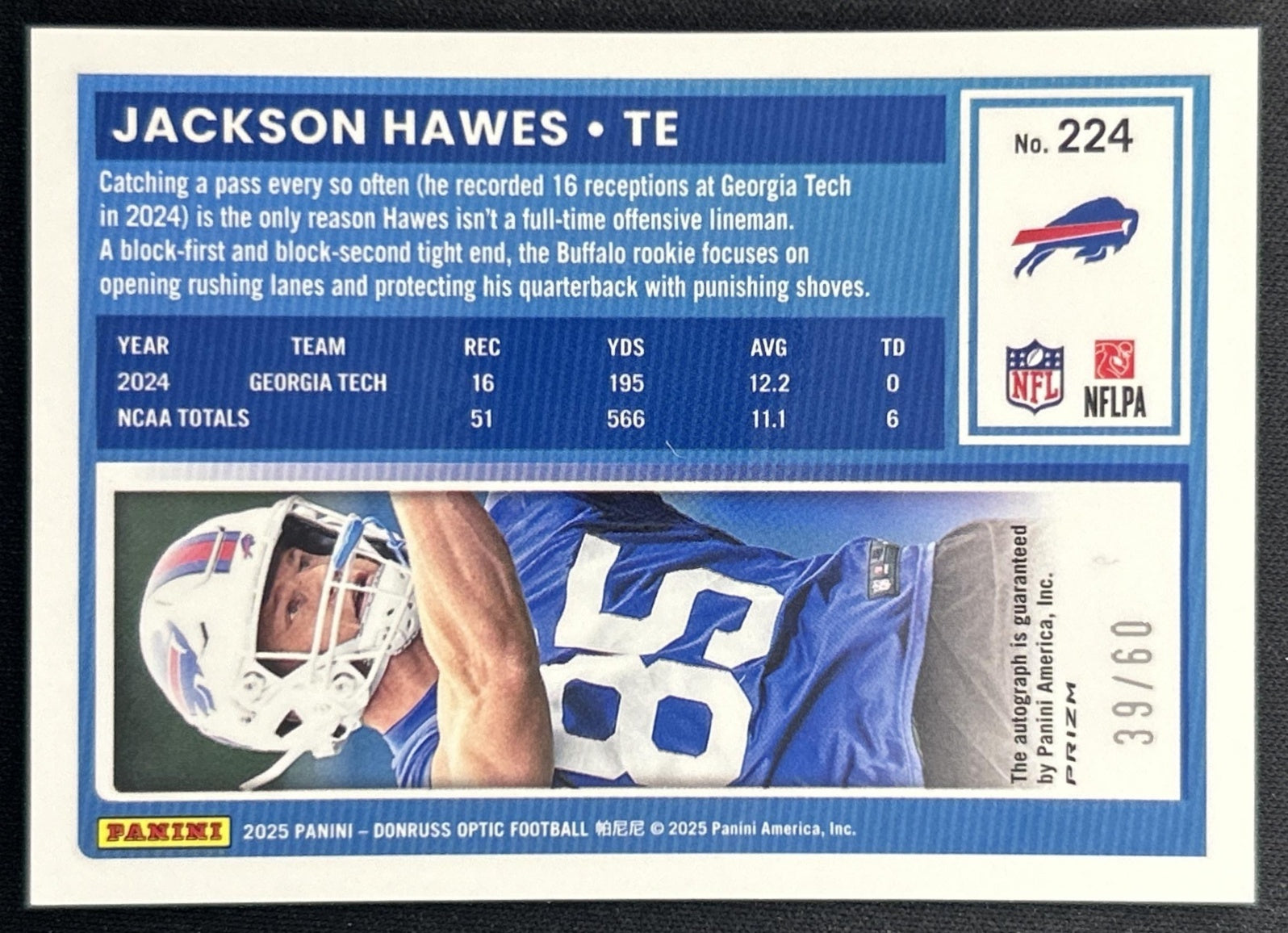 Jackson Hawes 2025 Donruss Optic Rated Rookie Auto Black Gold Prizm /60 Bills back