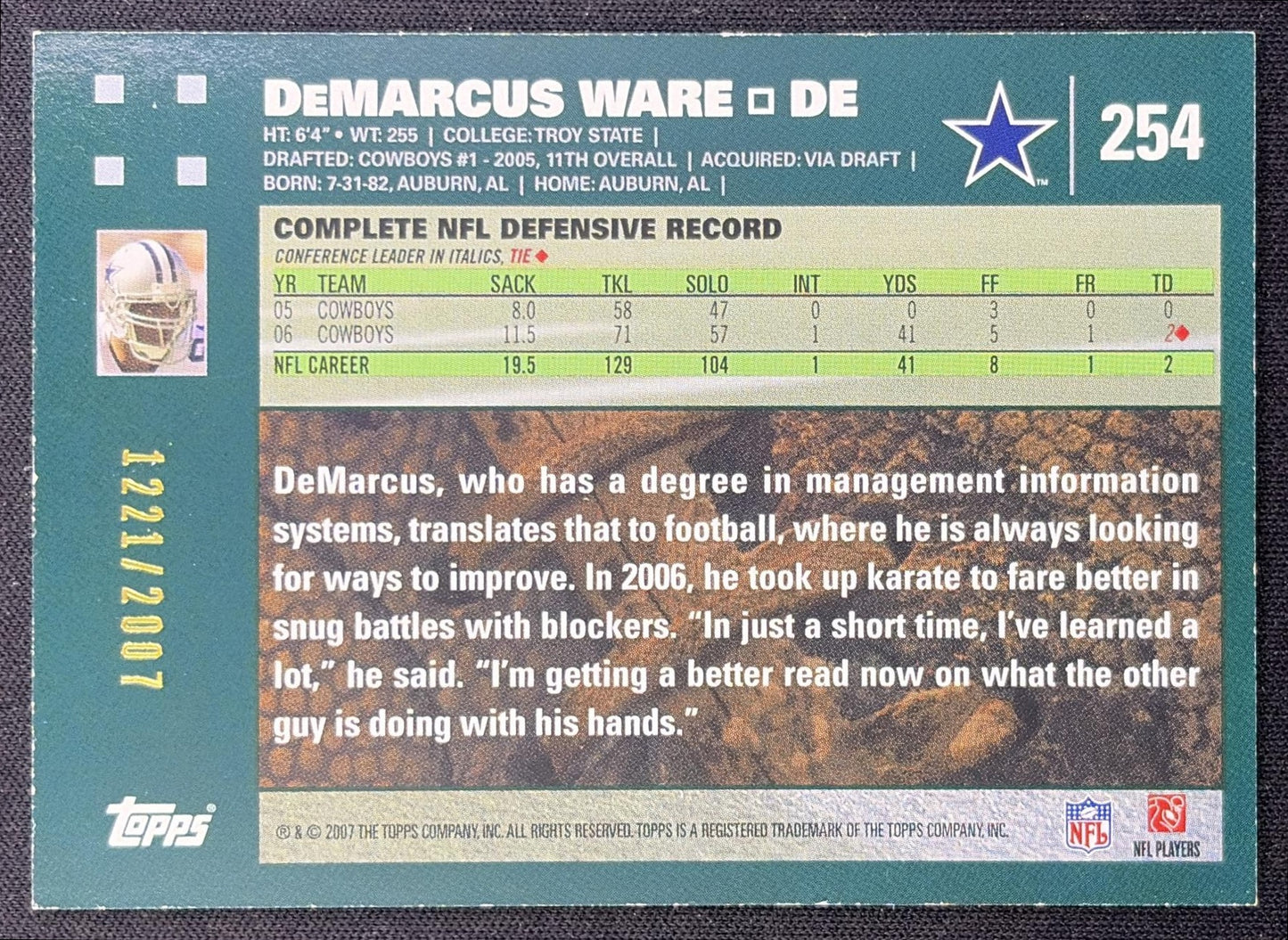 DeMarcus Ware 2007 Topps Copper /2007 Cowboys Dallas Cowboys back