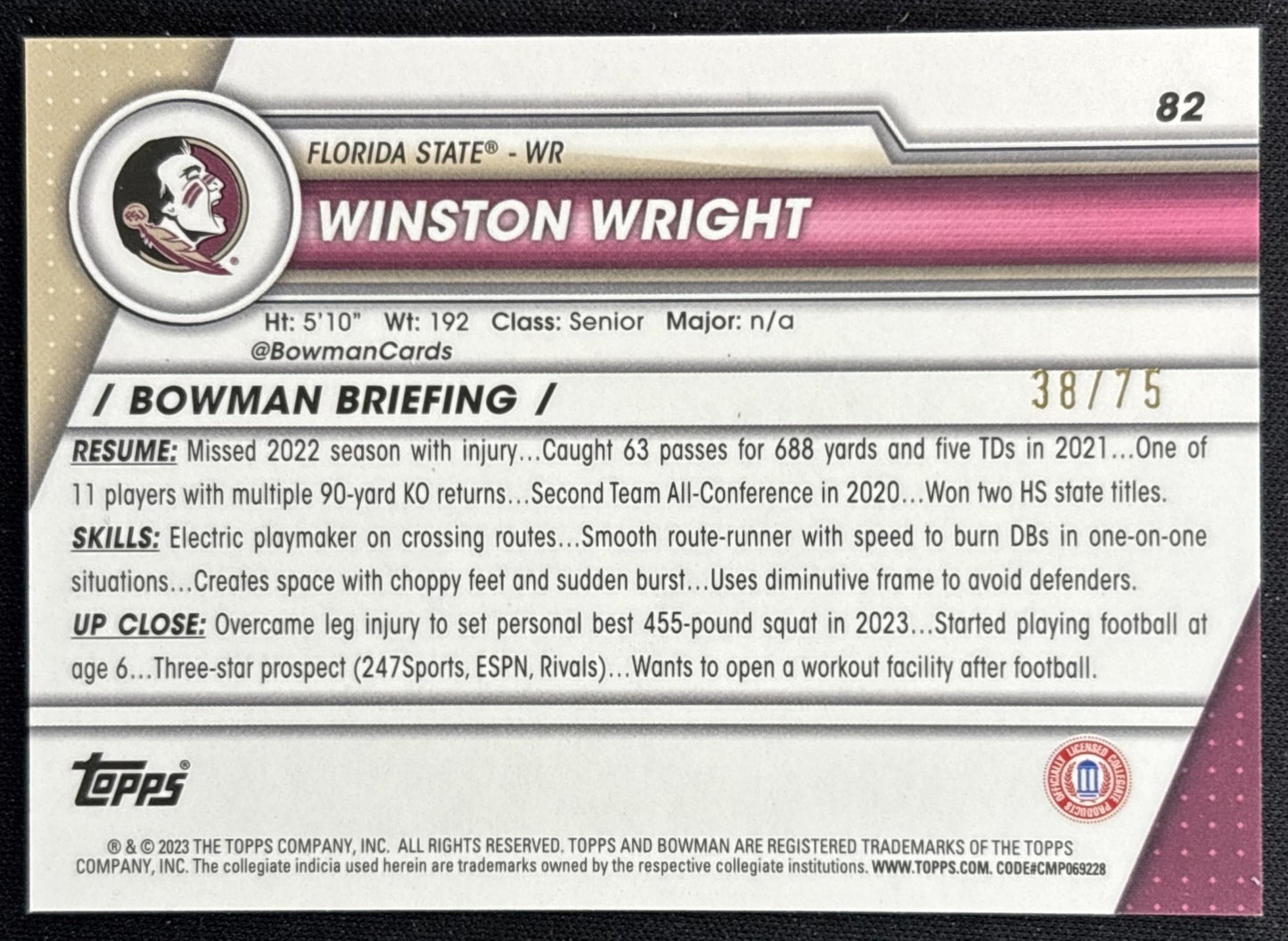 Winston Wright 2023 Bowman University Chrome Sapphire Yellow /75 Seminoles back