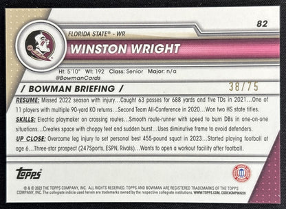 Winston Wright 2023 Bowman University Chrome Sapphire Yellow /75 Seminoles back