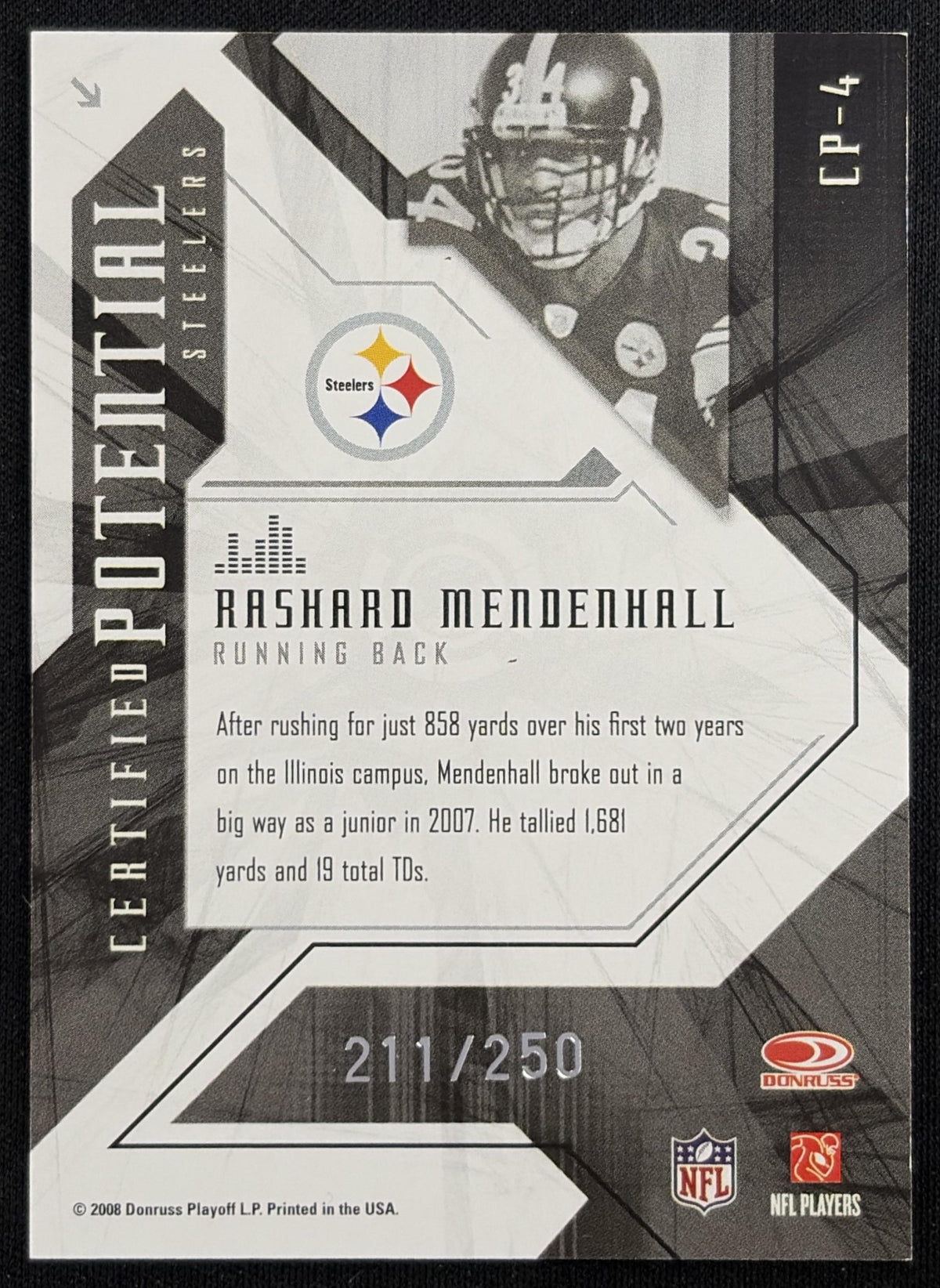Rashard Mendenhall 2008 Playoff Contenders Absolute Memorabilia Star Gazing /250 Steelers Pittsburgh Steelers Sports Trading Card