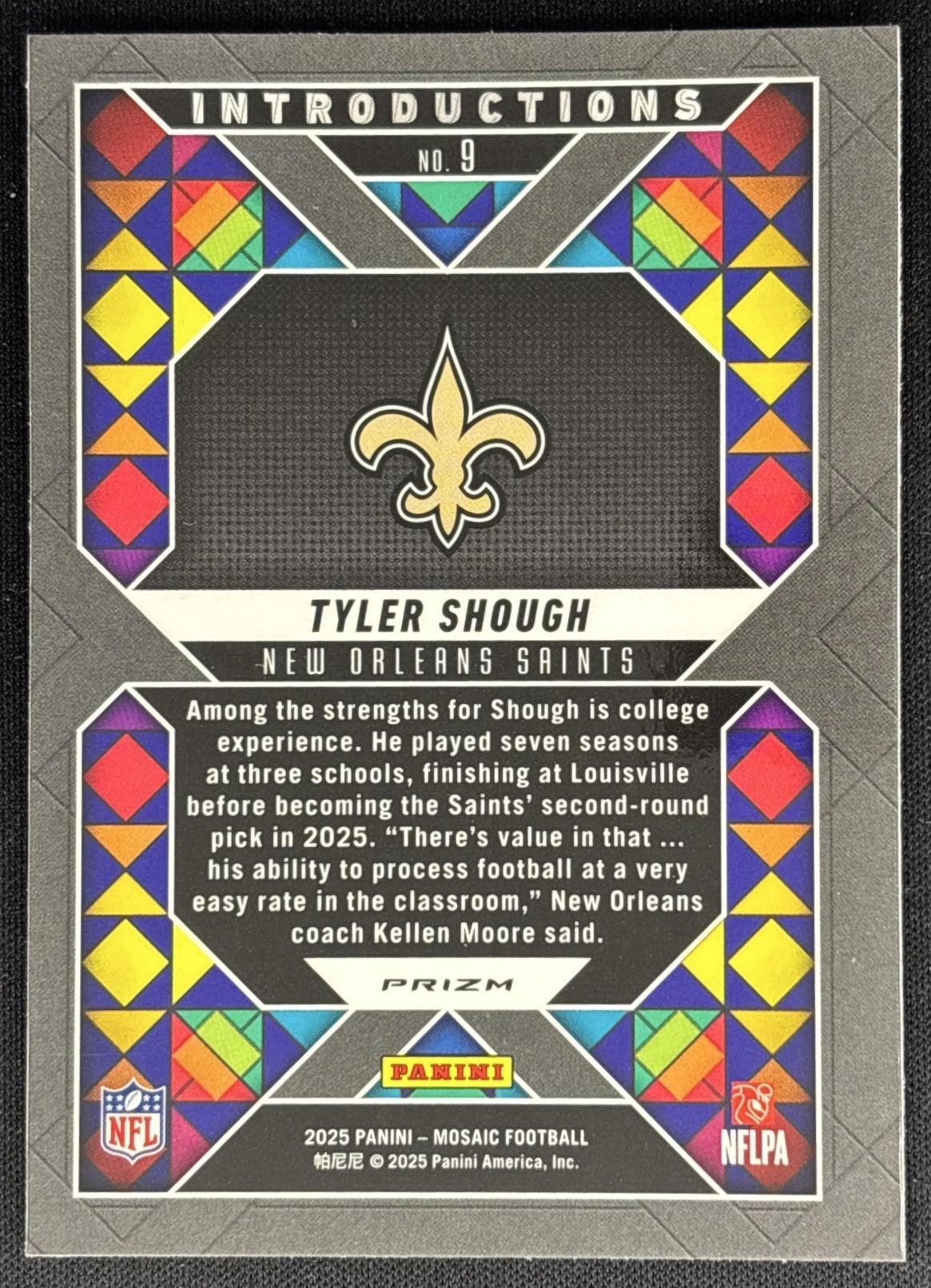 Tyler Shough 2025 Panini Mosaic Introductions No Huddle Silver Prizm Saints