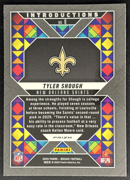 Tyler Shough 2025 Panini Mosaic Introductions No Huddle Silver Prizm Saints