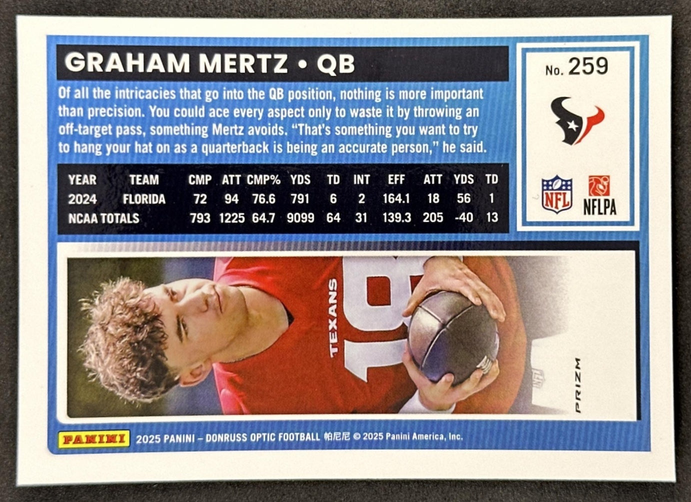 Graham Mertz 2025 Panini Donruss Optic Rated Rookie Stars Prizm Texans Sports Trading Card