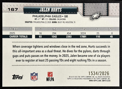 Jalen Hurts 2026 Topps Gold /2026 Eagles - back