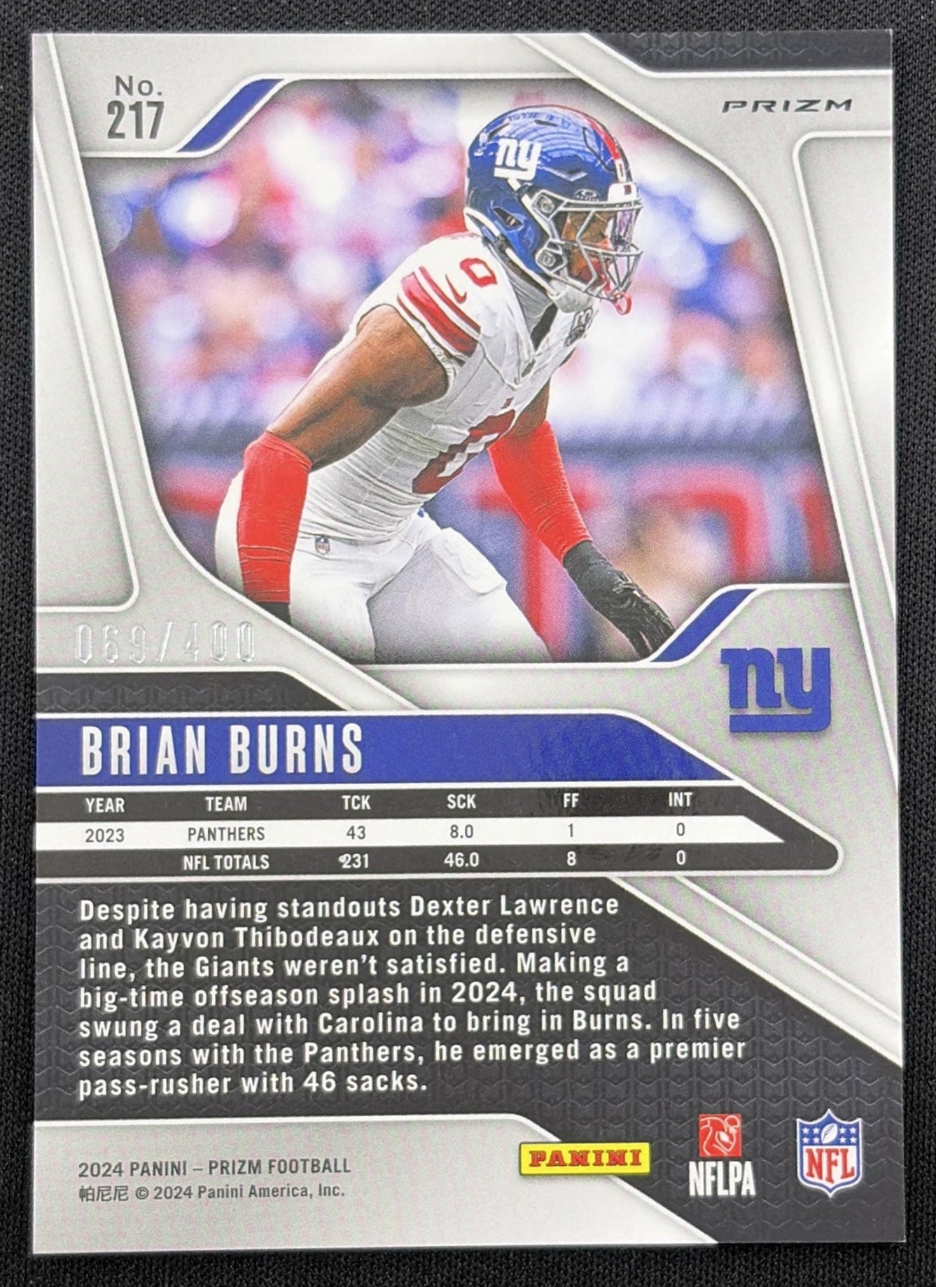 Brian Burns 2024 Panini Prizm Pandora /400 Giants back