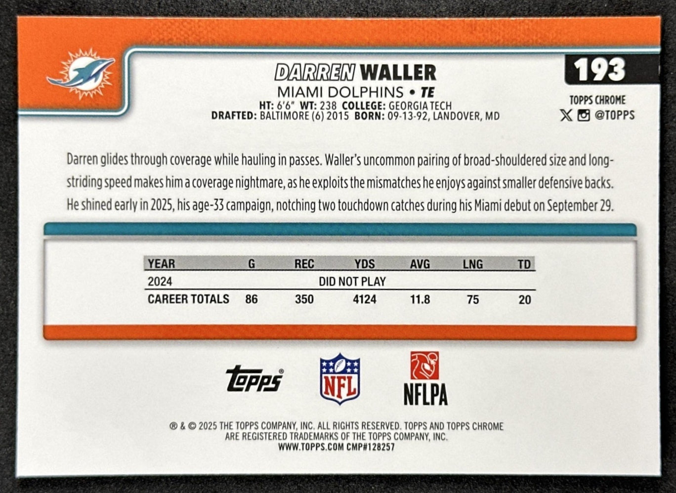 Darren Waller 2025 Topps Chrome Sapphire Dolphins