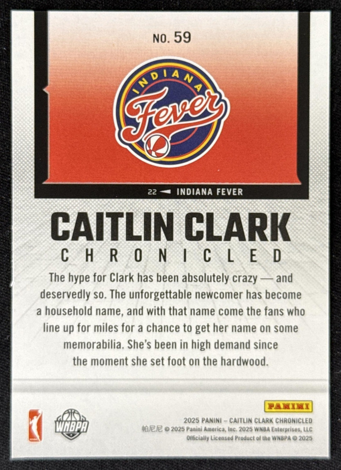 Caitlin Clark 2025 Panini Chronicled Life Style Holo Fever 59 Sports Trading Card