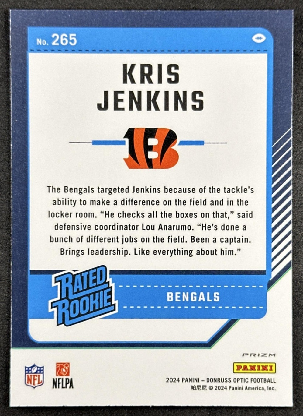 Kris Jenkins 2024 Panini Donruss Optic Purple Shock Bengals Back