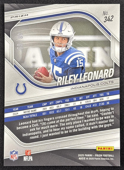 Riley Leonard 2025 Panini Prizm Orange Wave /65 Colts