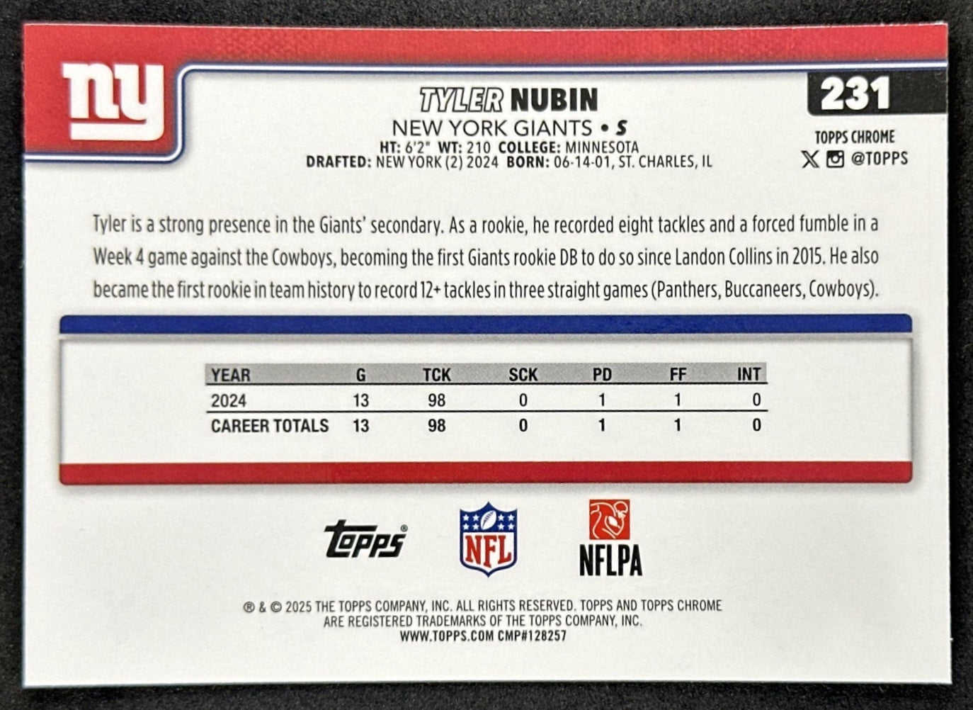 Tyler Nubin 2025 Topps Chrome Football Leather Refractor Giants