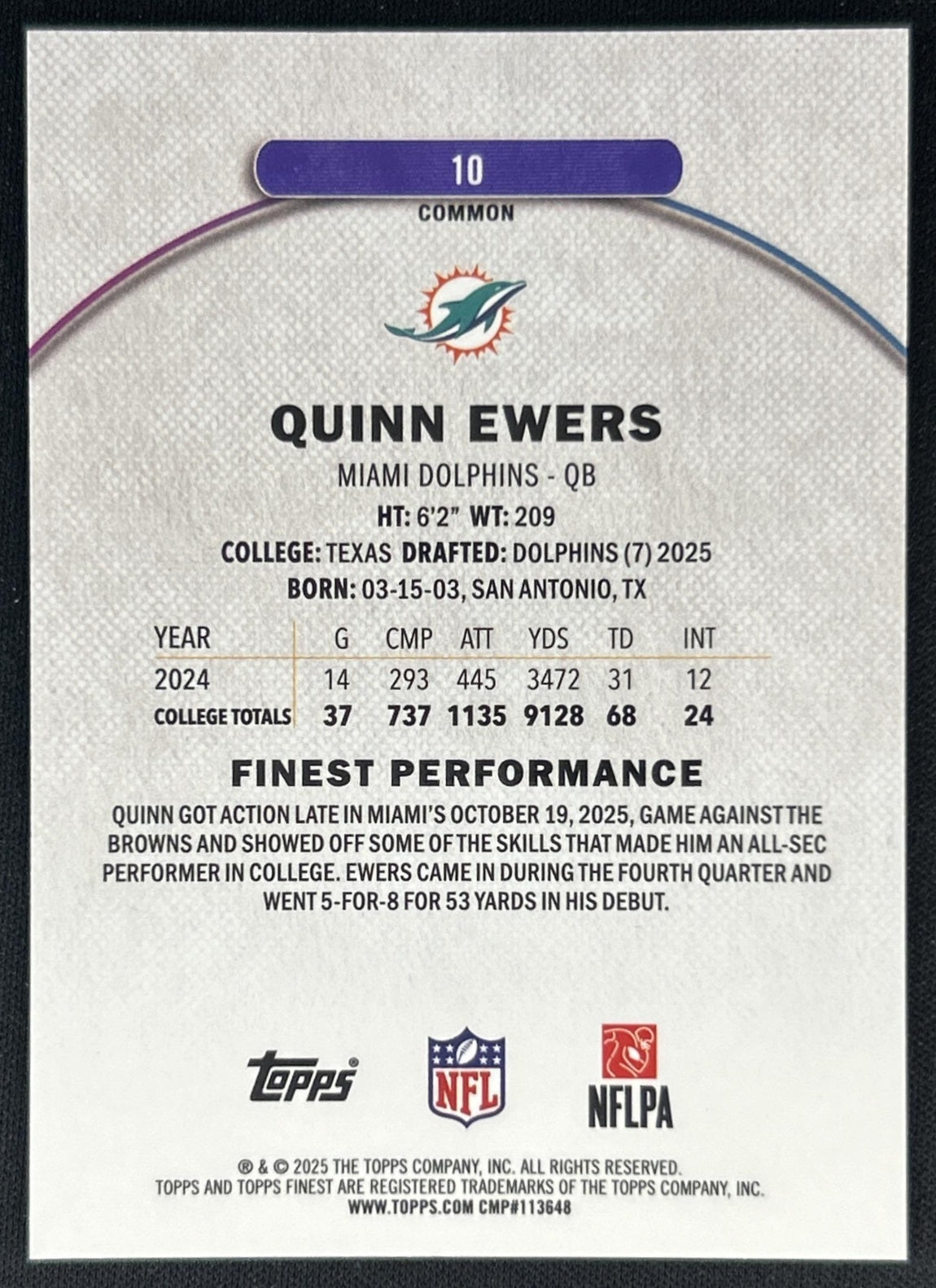 Quinn Ewers 2025 Topps Finest Sky Blue Refractor /325 Dolphins Back