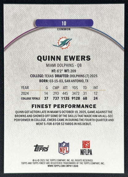 Quinn Ewers 2025 Topps Finest Sky Blue Refractor /325 Dolphins Back