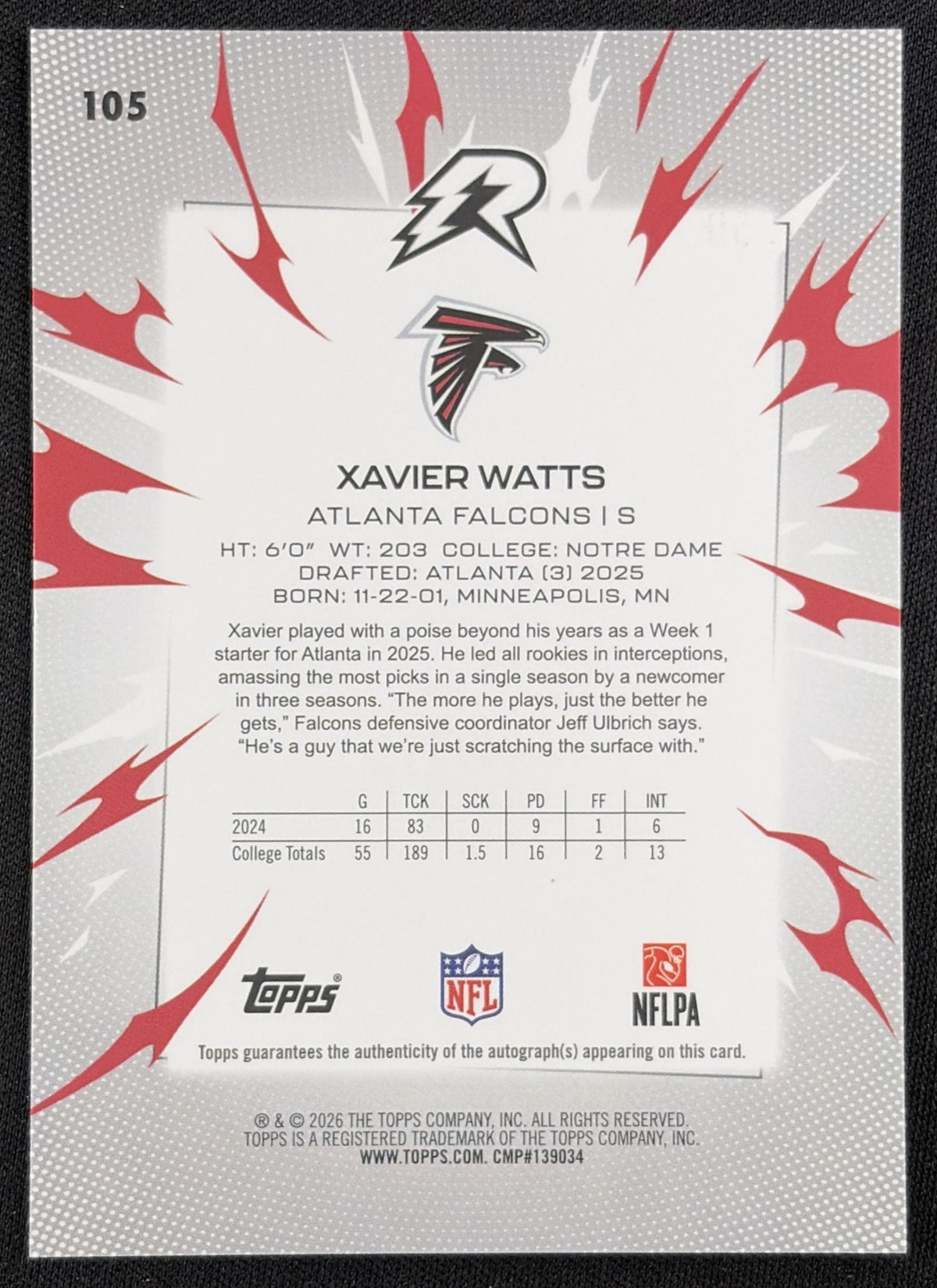 Xavier Watts 2025 Topps Resurgence Rookie Signatures Aqua Surge Refractor /250 Falcons