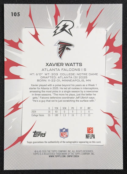 Xavier Watts 2025 Topps Resurgence Rookie Signatures Aqua Surge Refractor /250 Falcons