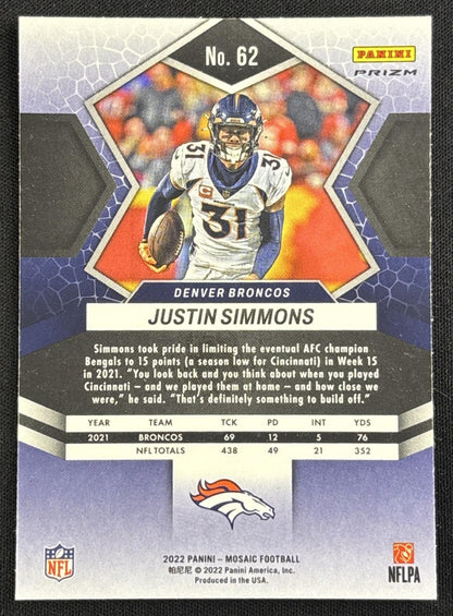 Justin Simmons 2022 Panini Mosaic Sparkle Blue SP Broncos Sports Trading Card