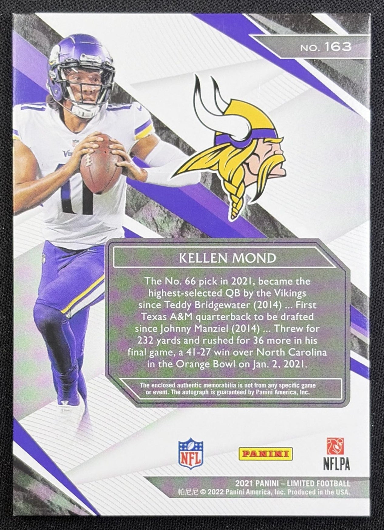 Kellen Mond 2021 Panini Limited Patch Auto /199 Vikings back