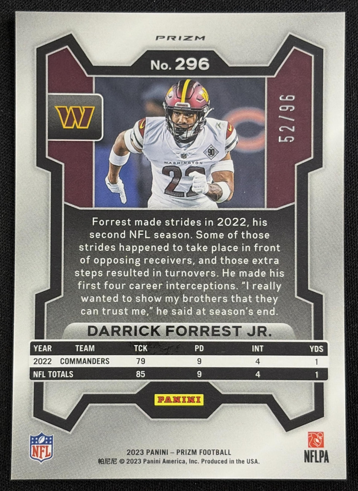Darrick Forrest Jr. 2023 Panini Prizm Blue Sparkle /96 Commanders