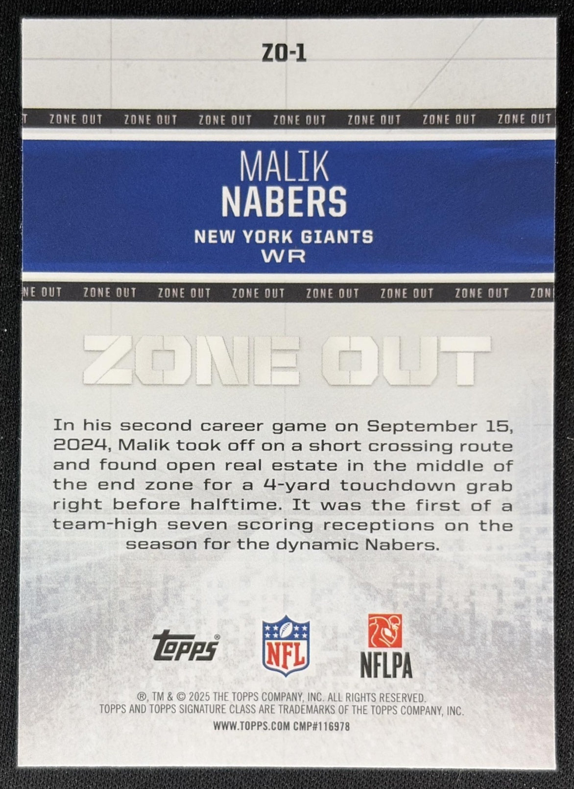 Malik Nabers 2025 Topps Signature Class Zone Out Giants Back