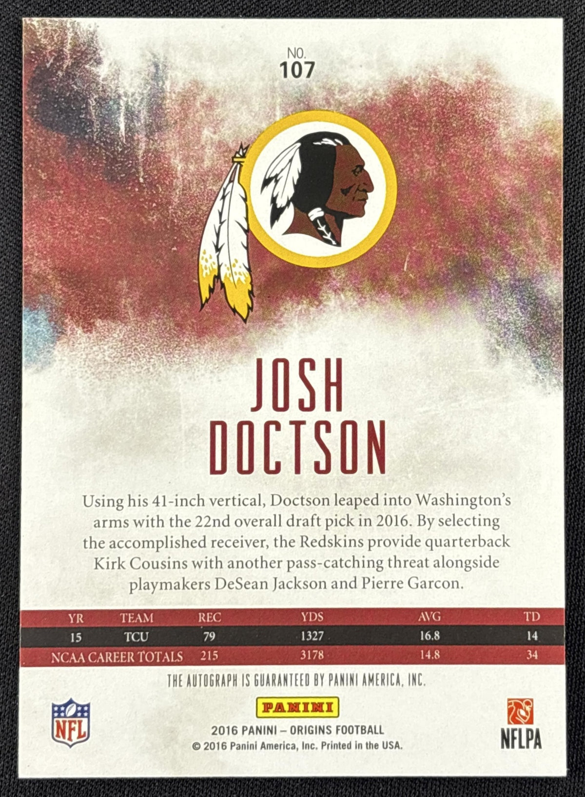 Josh Doctson 2016 Panini Origins Red Rookie Auto /49 Redskins