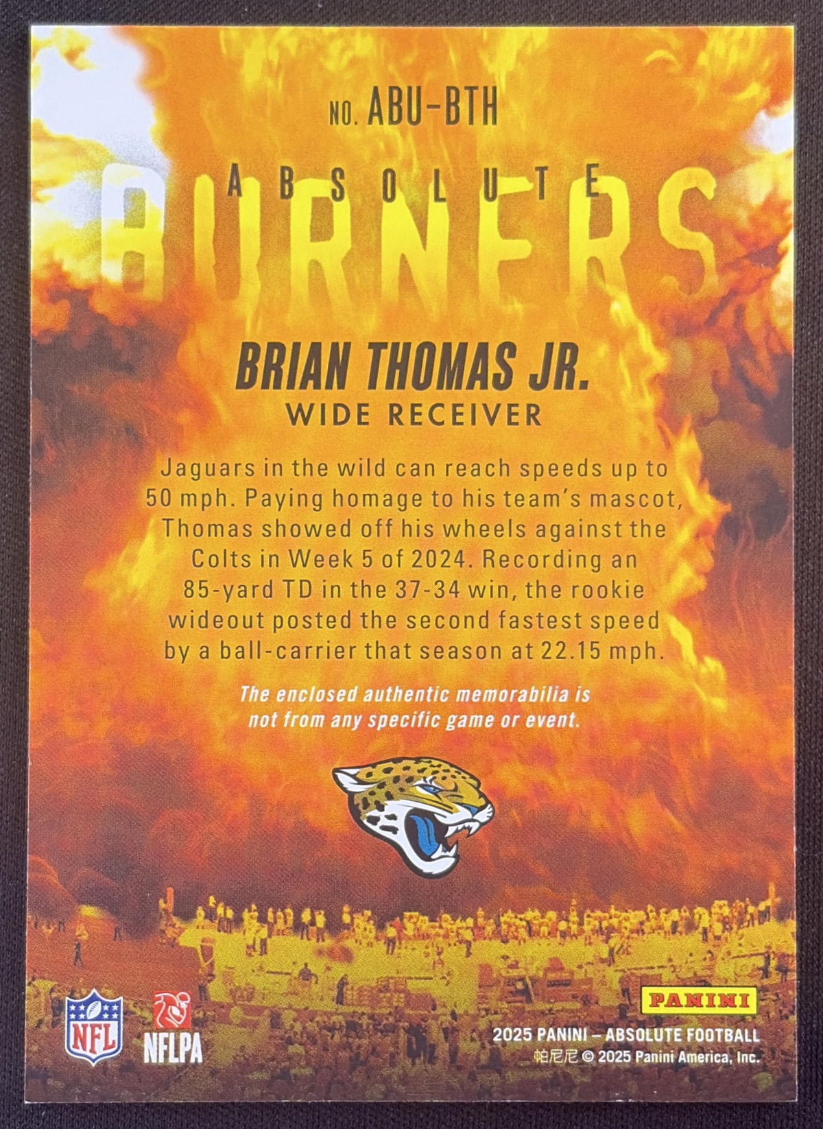 Brian Thomas Jr. 2025 Panini Absolute Burners Jaguars